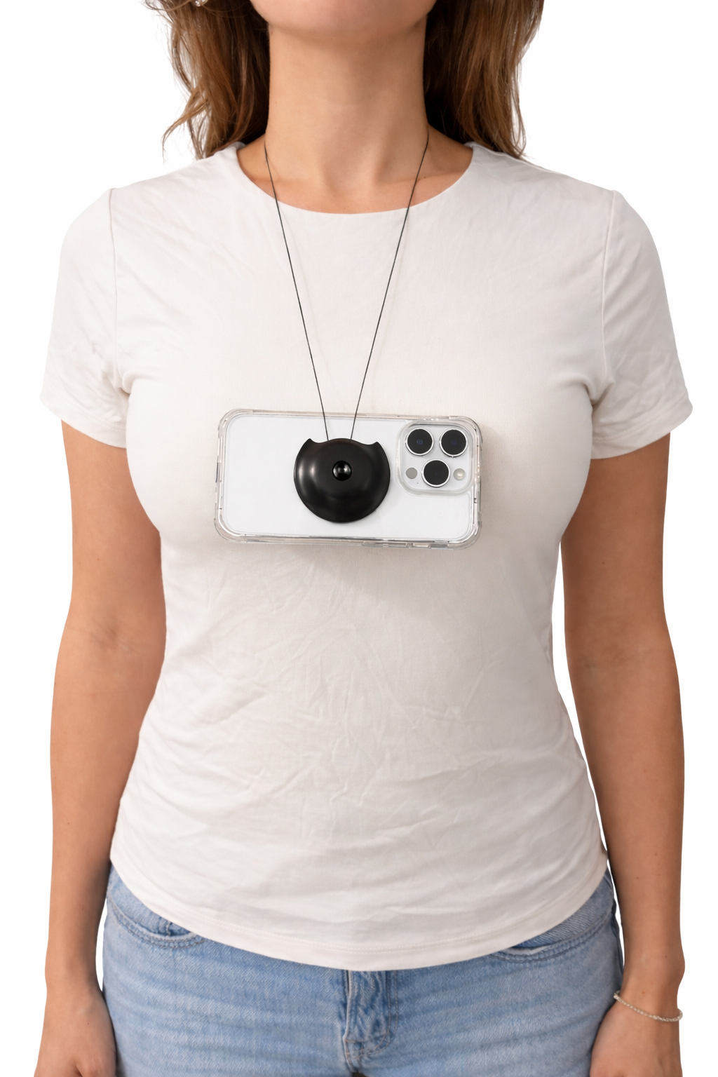 Woman wearing smartphone as a body camera