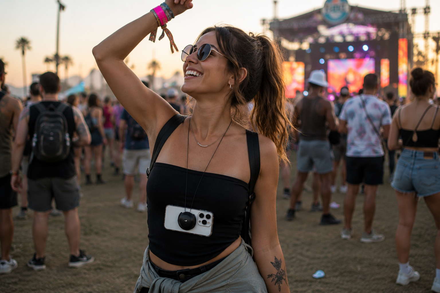 woman having fun at music festival with cell phone body camera
